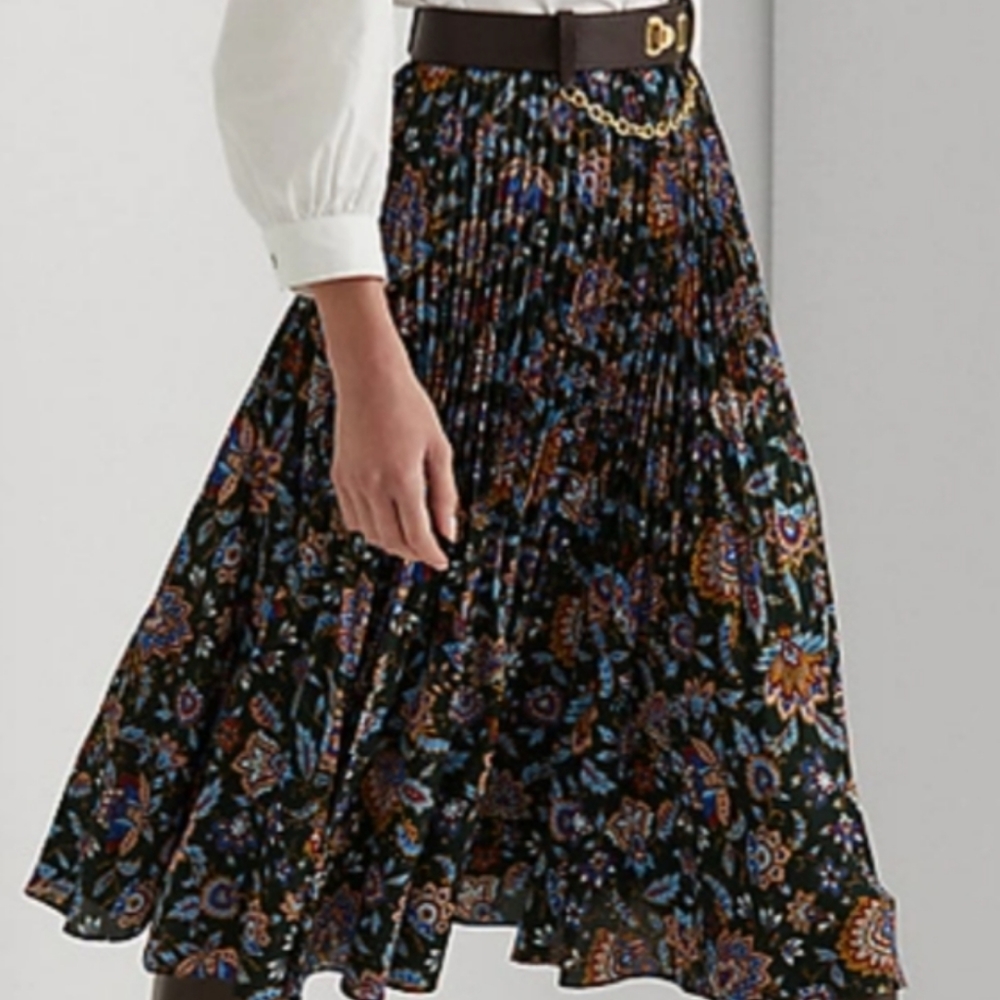 Lauren Ralph Lauren Ascot-Print Pleated Georgette Midi Skirt